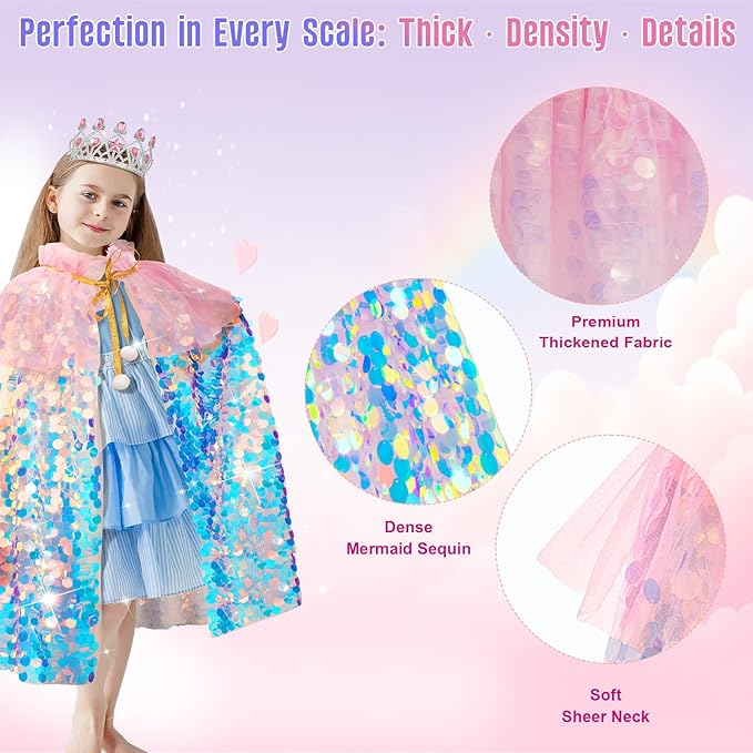 Meland Princess Dress Up for Girls 3-8, 11Pcs Mermaid Cape with Crown, Dress Up Clothes Birthday Gift Toys for Girls Toddlers