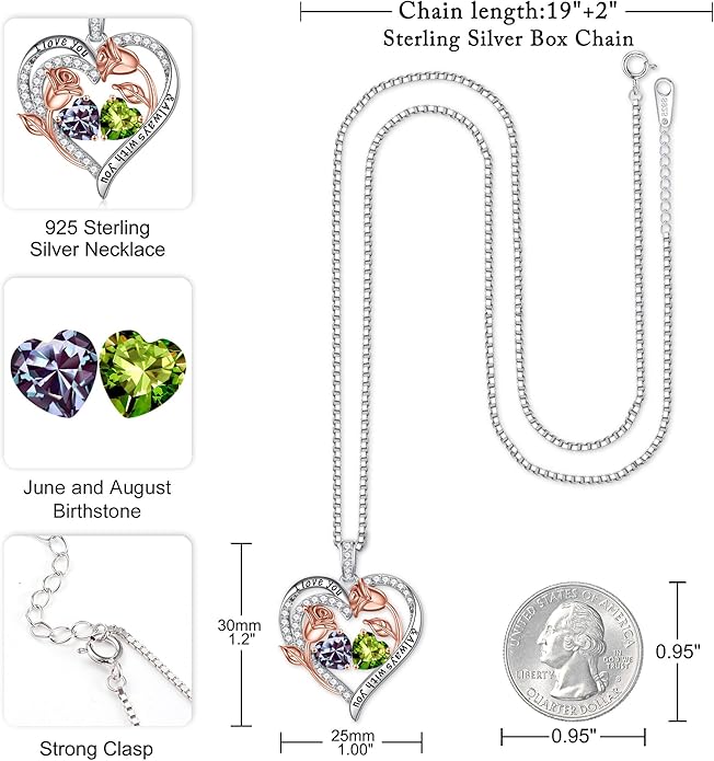 Iefil Valentines Day Gifts for Her - 925 Sterling Silver Rose Heart Birthstone Necklace Birthday Anniversary Jewelry Gifts for Her Wife Mom Daughter
