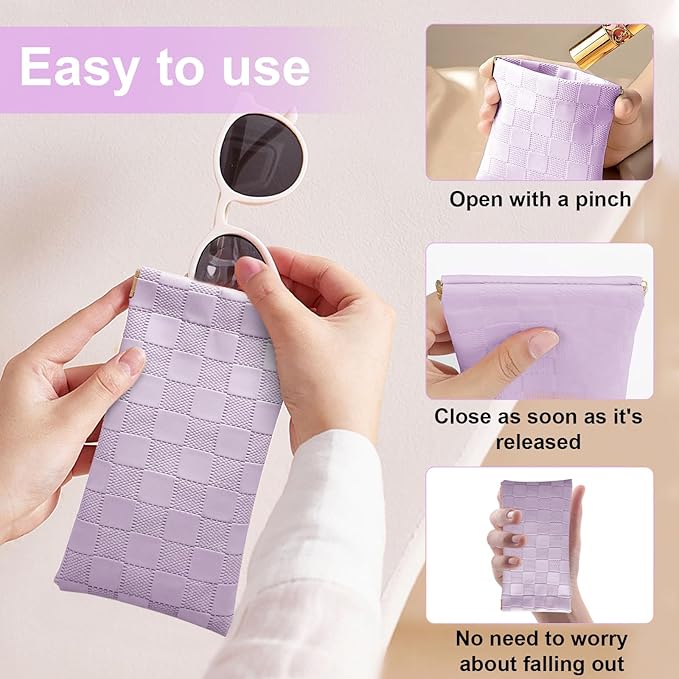 4PCS Small Makeup Bag for Purse, Mini Leather Pocket Cosmetic Bag for Women, Waterproof Portable Makeup Pouch No Zipper Coin Purse Lipstick Bag Accessories, Checkered Travel Storage Bag(White,Purple)