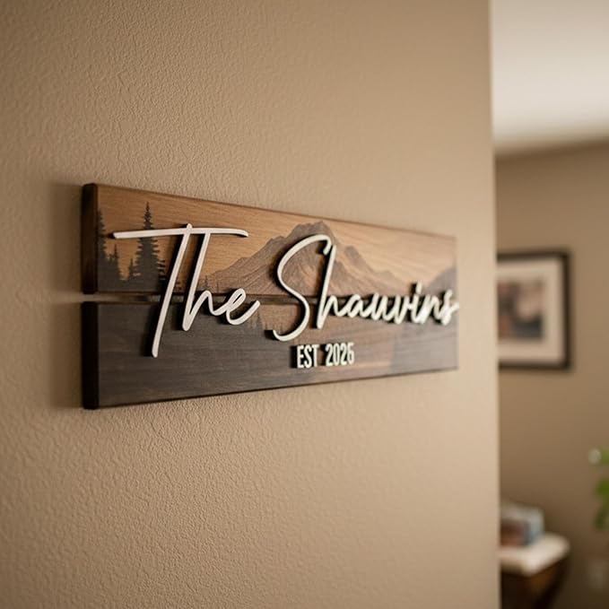 Custom Mountain Family Name Sign - Rustic Wood Wall Decor, Personalized Wedding & Gift for Couples Anniversary, Housewarming Gift for New Home (Small)