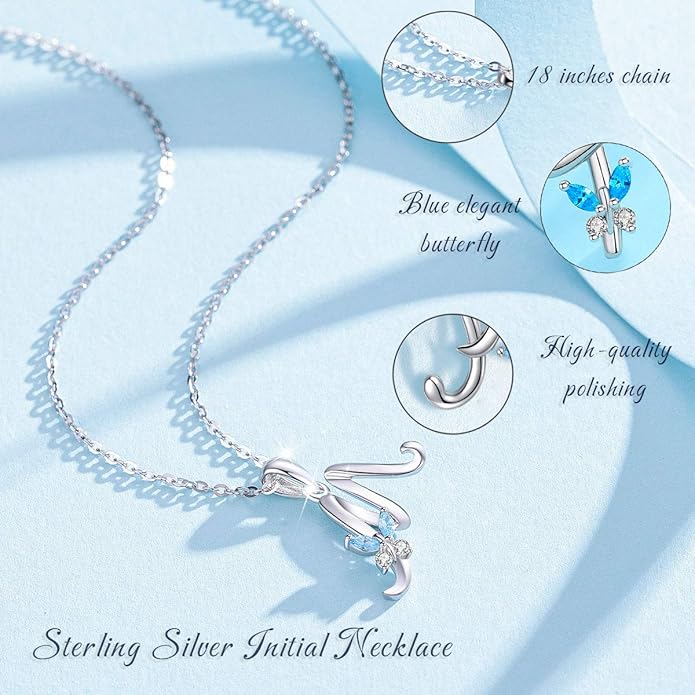 EUDORA Sterling Silver Butterfly Initial Necklaces for Women, Elegant Letter Neckles Personalized Gift for Mother, Sister, Daughter, 18 inch Chai