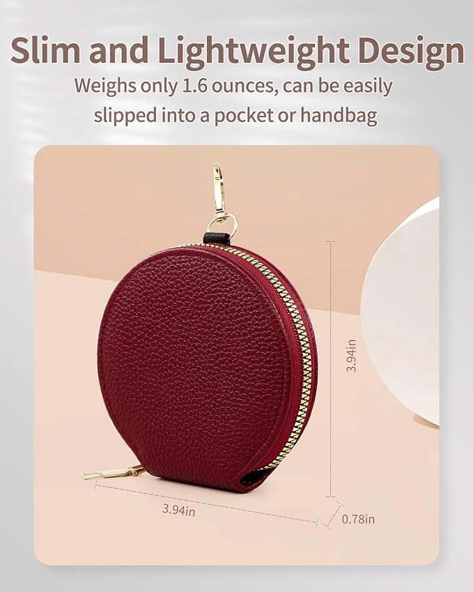 Women’s Small Coin Purse, Vintage Zipper Change Purse, Pocket-Sized, Solid Color, Round Coin Bag with Keychain - Pink