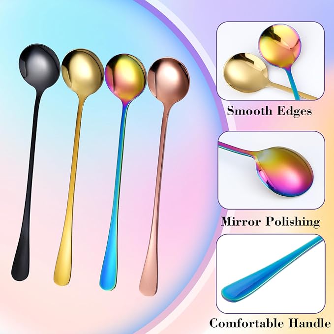 8 Pieces Iced Tea Spoons, 7.3 Inch Long Handle Ice Cream Spoon, Stainless Steel Cocktail Stirring Spoons, Mixing Spoon for Cocktail Stirring Coffee Milkshake Ice Cream