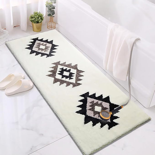 White Boho Bathroom Rug Runner 60x24 Washable Long Bath Mat for Bathroom Tub Bedroom Kitchen Laundry Room Home Decor Fluffy Soft Bohemian Carpet Runner