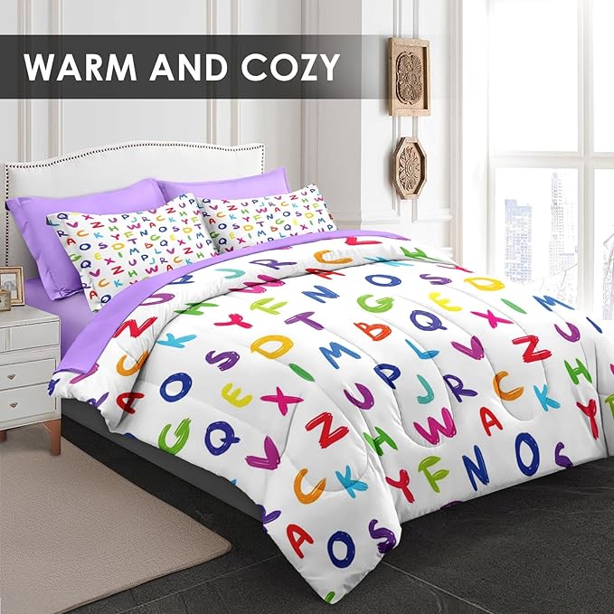 Comforter Set Full Size, Kids Colorful Alphabet 7 Pcs Bedding for Kids and Adults, Multicolored English Preschool Bed Sheet Sets with Fitted Sheet 2 Pillowcases & 2 Shams for Bedroom Bed Decor