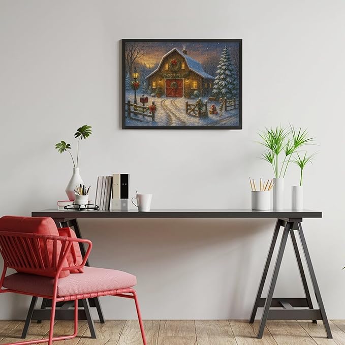 Christmas Snowy Night,Winter Red House 1000-Piece Wooden Jigsaw Puzzle, Festive Winter Puzzle, Snowy Red House Scene, Indoor Relaxation, Family Fun, Stress-Relief Activity