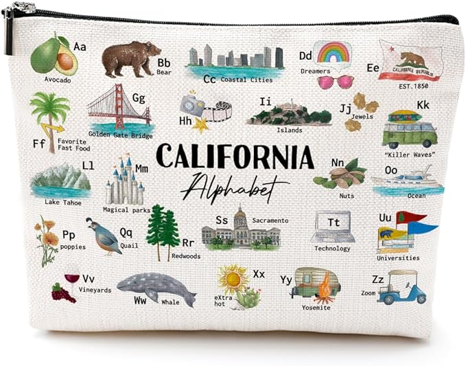 California Alphabet Cosmetic Bag Makeup Bag California Lovers Gift California Travel Souvenir Merch Vacation Friendship Gifts for Women California Lovers Girls Trip Gifts Favors Christmas Birthday