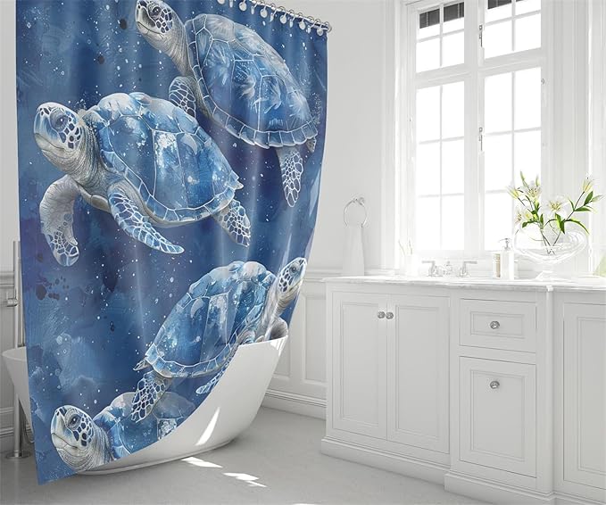 Sea Turtle Shower Curtain - 4 Pcs Turtle Bathroom Shower Curtain Sets with Rug Turtle Shower Curtains for Bathroom Sea Turtle Bathroom Decor for Bathroom Decor with 12 Hooks