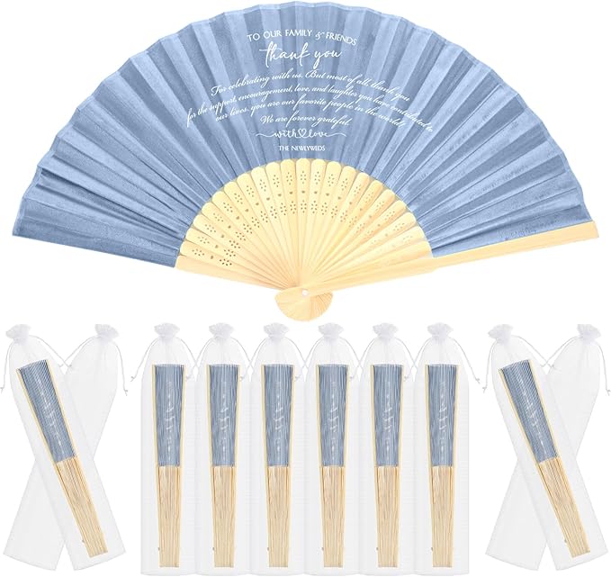 Menkxi 30 Pcs Silk Fabric Folding Fans Bulk for Wedding Guests Thank You Bamboo Folded Hand Fan for Bridal Shower Decoration Favor Vintage Handheld Fans Souvenirs with Organza Bag (Haze Blue,Classic)