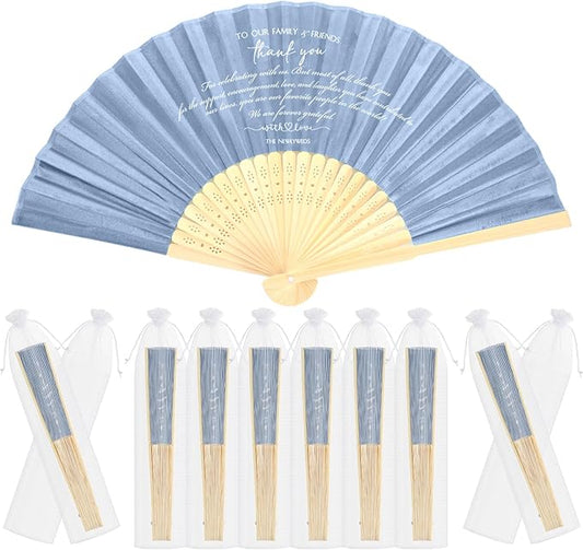 Menkxi 30 Pcs Silk Fabric Folding Fans Bulk for Wedding Guests Thank You Bamboo Folded Hand Fan for Bridal Shower Decoration Favor Vintage Handheld Fans Souvenirs with Organza Bag (Haze Blue,Classic)