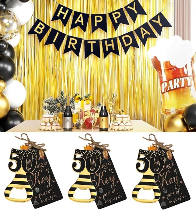 24pcs 50th Gold Keychain Bottle Opener 50th Birthday Party Favors, 50 Keychain Beer Bottle Opener Favors Anniversary Souvenirs Return Gifts for Guests Party Decor Supplies (black 50)