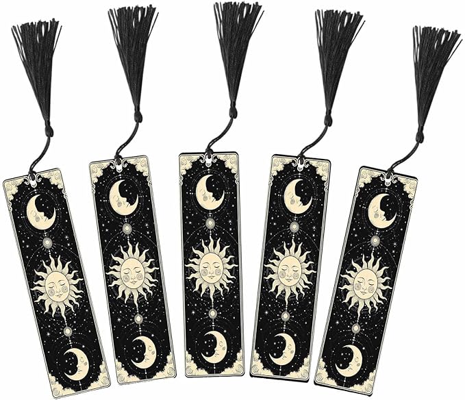 Mystical Sun Face Bookmarks Set 5 with Tassels Crescent Moon Golden Stars Planets Wooden Bookmarks for Reading Women Men Students Teachers School Supplies