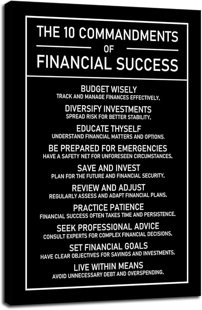 The 10 Commandments Of Financial Success Motivational Wall Art Inspirational Financial Management Quote Canvas Poster Painting Prints for Office Living Room Home Decor Framed Artwork [12''W x 18''H]