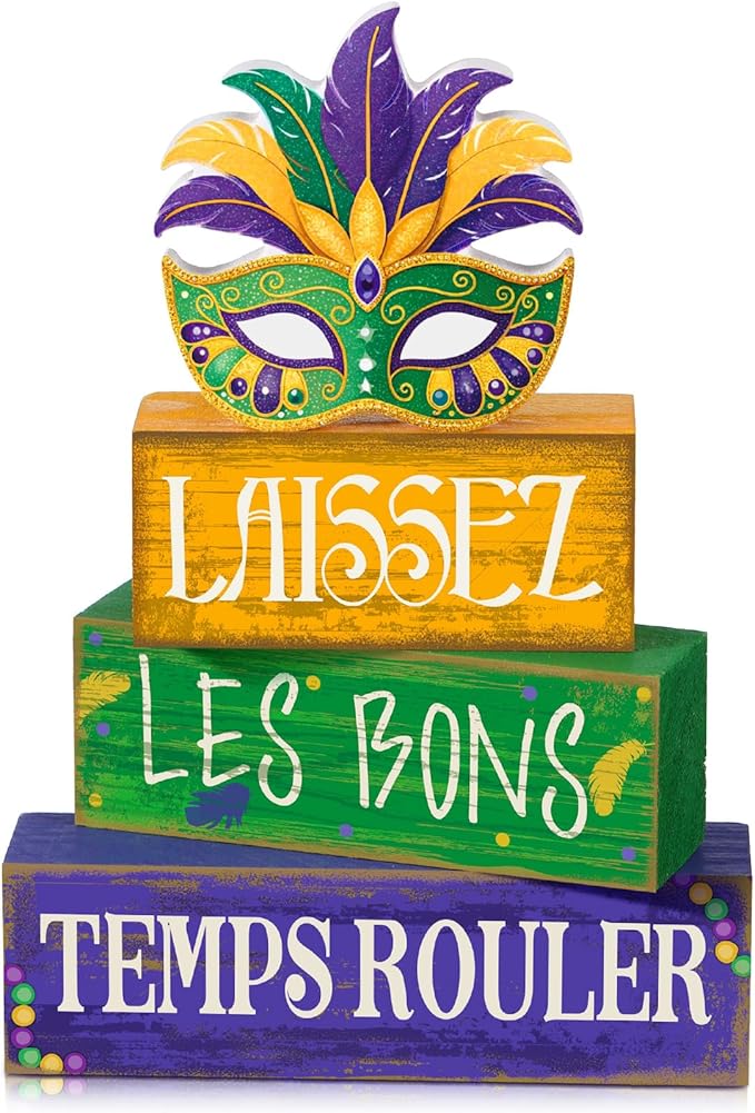 4 Pcs Mardi Gras Wooden Tabletop Decor Tiered Tray Decor Centerpiece Rustic Decorative Block Signs Gift Farmhouse Table Decoration for Home Kitchen