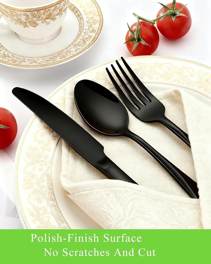 Black Spoons and Forks Set, Set of 16 Top Food Grade Stainless Steel Forks and Spoons Silverware Set, Kitchen Accessories Cutlery Set, Mirror Finish