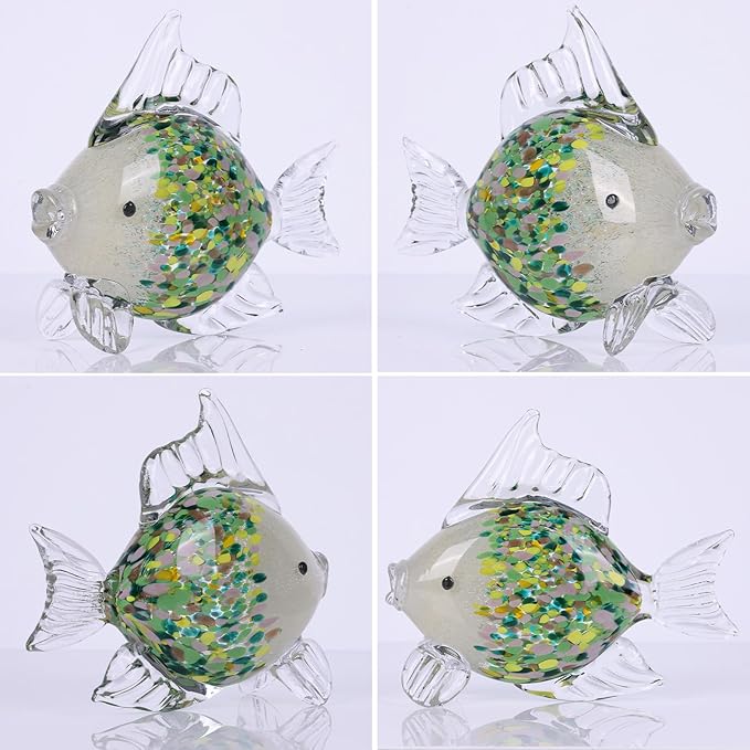 Green Blown Glass Fish Figurine – Handcrafted Art Animal Sculpture, Ocean Coastal Home Decor, Elegant Glass Fish Ornament for Tabletop or Bookshelf Display (D)