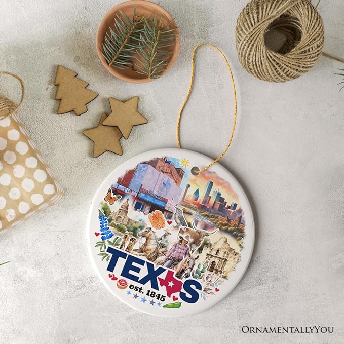 Artistic Watercolor Texas Cultures and Landmarks Ceramic Ornament, Travel Gift and Christmas Tree Decor