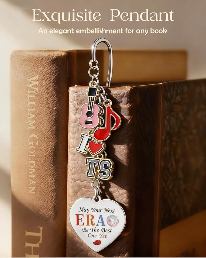Buleens Bookmarks for Women Reading - Book Marks for Readers Book Lovers, Feather Music Guitar Red Personalized Metal Bookmark with Pendants, Pretty and Aesthetic Book Accessories Reading Gifts