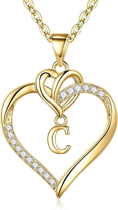 STORUP Valentines Gifts for Women Teen Girls - Heart Initial Necklaces for Women Girls, 14K-Gold-Plated CZ Initial A-Z Heart Necklaces for Teen Girl Jewelry Valentines Gifts for Her Mom Wife Sister