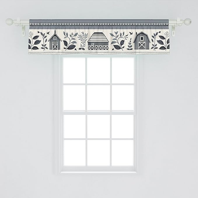Ambesonne Farmhouse Window Valance, Monochrome Design of Leafy Cottagecore Barn Pattern Country Vibe, Curtain Valance for Kitchen Bedroom Decor with Rod Pocket, 54" X 12", Blue Grey and Off White