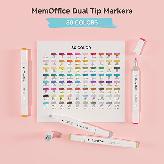 MemOffice 80 Colors Dual Tip Artist Alcohol Markers Set with Carrying Case - Perfect for Coloring, Drawing, Sketching, Card Making and Illustration - Perfect for Adults