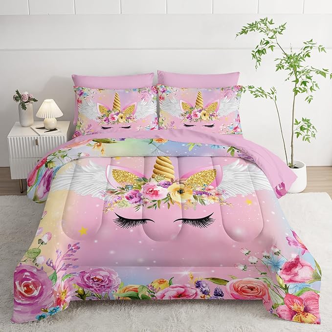 Unicorn Comforter Set Twin - 7 Pcs Floral Girls Bedding, Pink Purple Blue Girls Quilt Set, All Season Microfiber Comforter, Sheets, Pillowcases