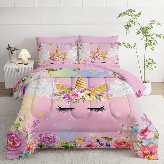 Unicorn Comforter Set Twin - 7 Pcs Floral Girls Bedding, Pink Purple Blue Girls Quilt Set, All Season Microfiber Comforter, Sheets, Pillowcases