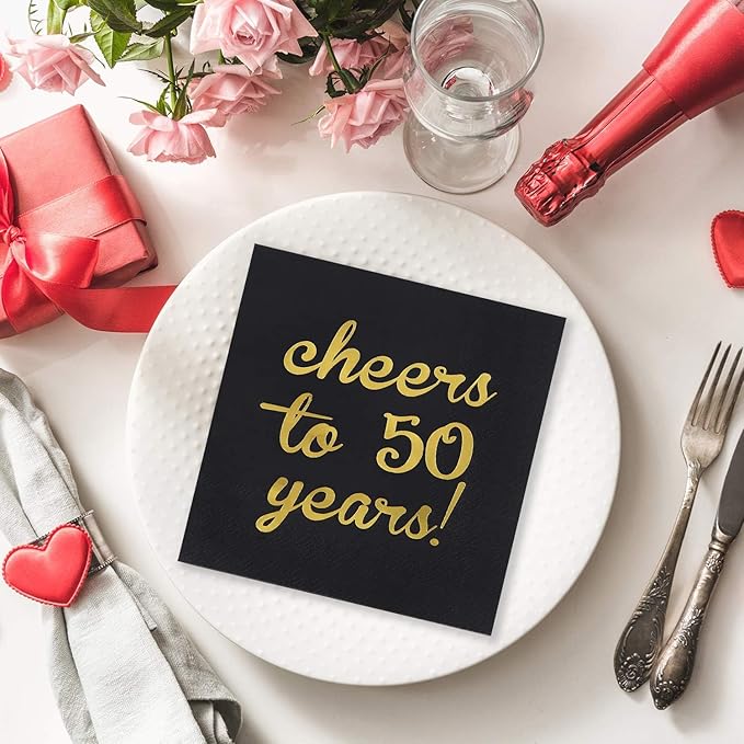 Elcoho 60 Pack Cocktail Napkins 50th Birthday Decorations Luncheon Napkins for Birthday, Anniversary Party Supplies, Cheers to 50 Years Design, 2 Layers, 5 by 5 Inches