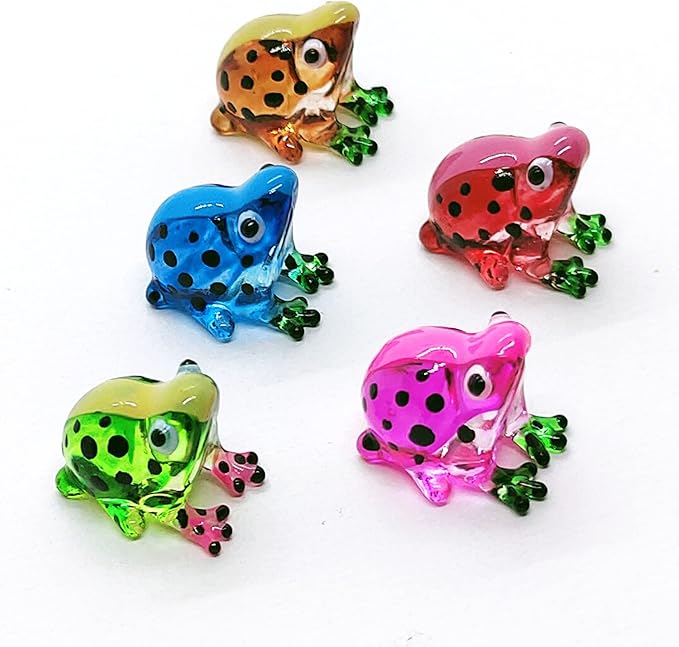 WitnyStore Tiny ¾ Inch Multicolor Black Dotted Frog Figurine 5 Colors Set - Miniature Hand Blown Glass Poison Frogs Amphibian Animals Colorful Small Crystal Decorative Collectible Figures Décor Gifts