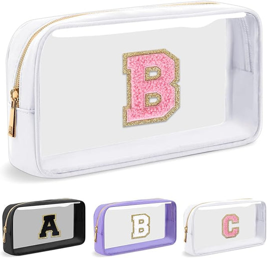 Personalized Initial Letter Clear Makeup Bag,Preppy Small Nylon&PVC Cosmetic Zipper Bag with Chenille Letter,Travel Skincare Toiletry Bag,Monogram Christmas Gift for Teen Girls Women,B