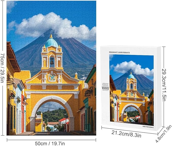 Wooden Puzzle 1000 Pieces - Famous Arch and Volcano View Antigua Guatemala Holiday Jigsaw Puzzles， Exquisite Art Design，for Puzzles Challengers and Enthusiasts，Puzzle Games for Children and Adults