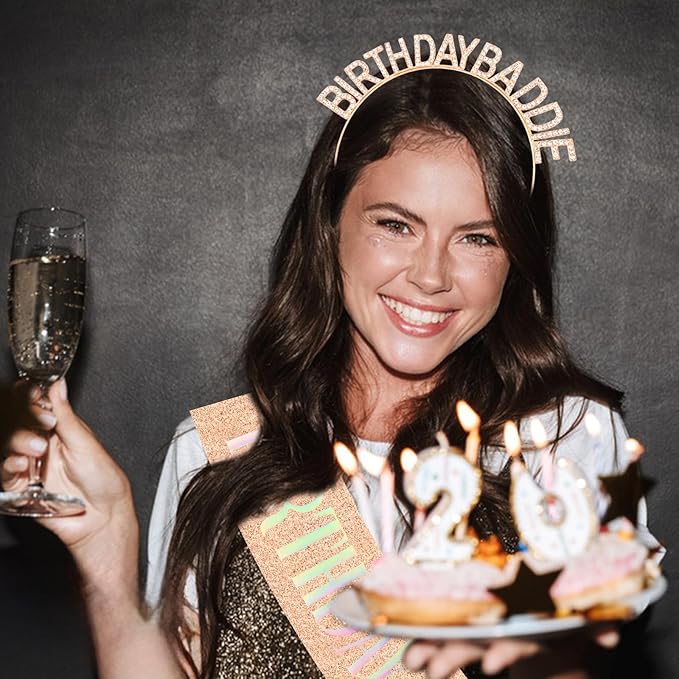 Canitor Birthday Baddie Sash Crown Set Birthday Party Favors Supplies Decorations & Accessories for Women Girl Men Adult Rhinestone Tiara Headband Soft Satin Sash