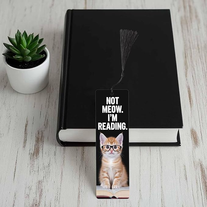 Funny Cat Bookmarks 5 Pcs Cute Animal in Glasses Black Wooden Bookmark with Tassels for Reading Book Lovers Gift Office School Readers Teacher