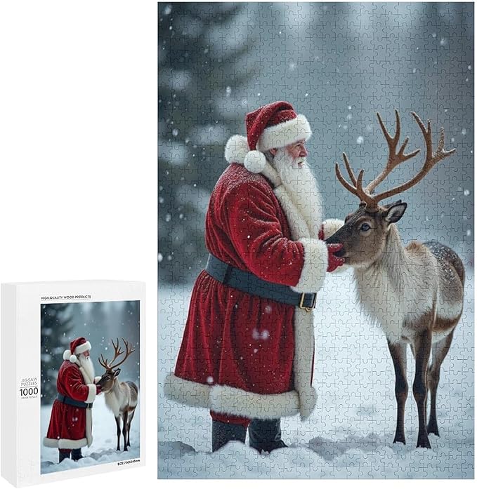 Puzzles for Adults 1000 Pieces Wooden Jigsaw Puzzle - Santa Claus and Reindeer Christmas Series Theme Puzzle，Party Games，Family Toys，Educational Puzzles，Stress Relief Wooden Puzzle，Home Decoration