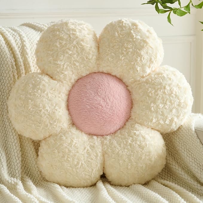 Flower Pillows, Decorative Throw Pillow with Soft Plush for Couch, Flower Shaped Pillow Home Decor Daisy Pillow for Bed (Beige, 14.9 Inches)