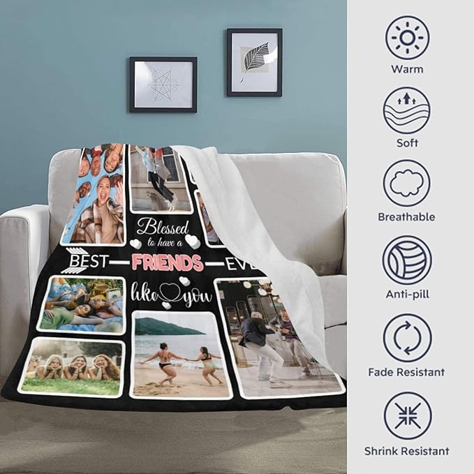 Custom Blanket Gifts with Photos, Personalized Bed Throws for Friends, Custom Souvenir Throw Blanket for Best Friends, 8 Collages Made in USA
