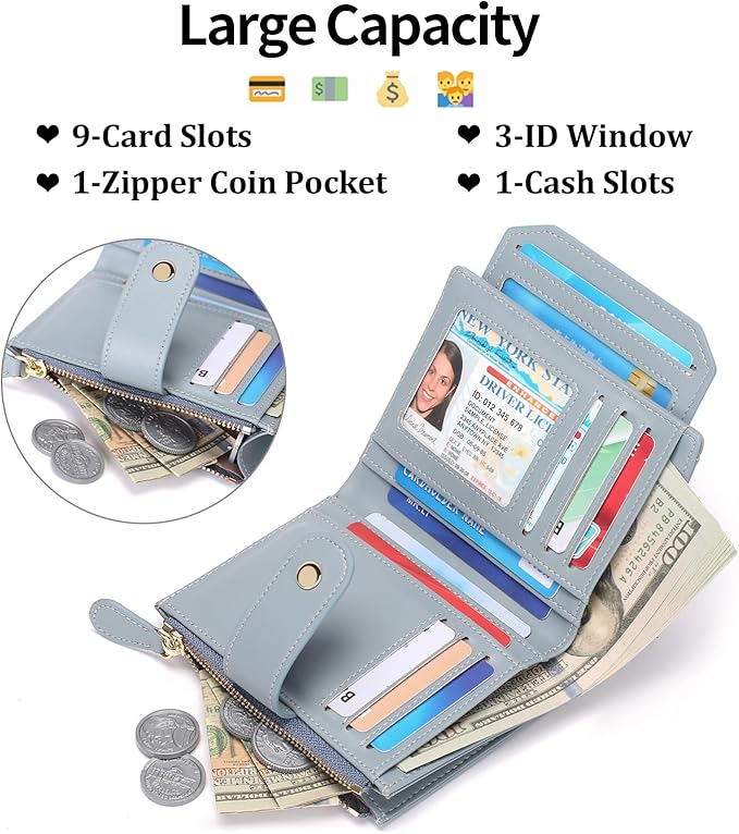SENDEFN Small Wallet for Woman Leather RFID Blocking Bifold Zipper Pocket Credit Card Holder
