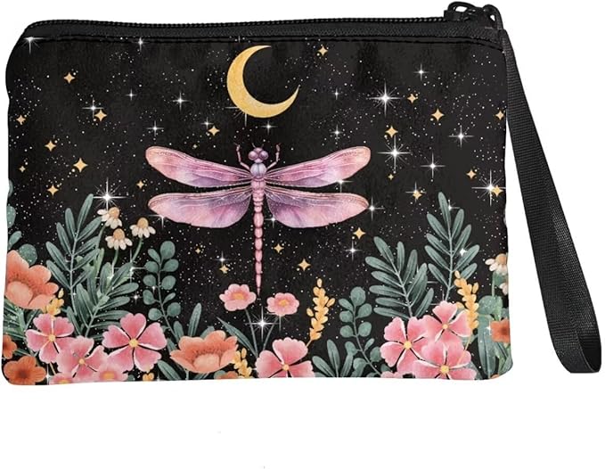 Dolyues Dragonfly Print Coin Purse Tote Change Pouch Zipper Clutch for Women Moon Pattern Coin Bag Travel Wallet Money Organizer Card Holder, Black