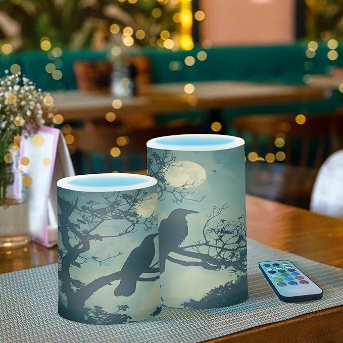 ALAZA Halloween Crow Night Flickering Flameless Candles Battery Operated with Remote Timer,Tea Light Candles LED Pillar Votive Candles Set of 2 for Outdoor Indoor Decorations