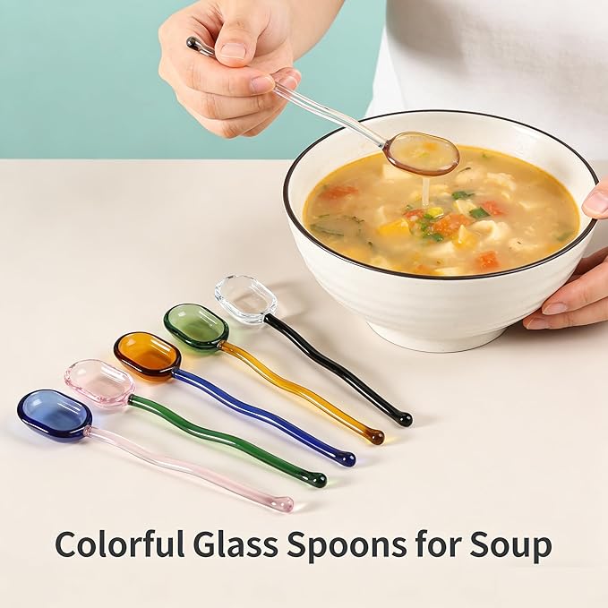 Glass Spoons 5/6 Pieces - 6.1 inch Crystal Coffee Teaspoons, Heat Resistant Long Handle Glass Drink Stirrers, Colored Translucent Spoons for Tea, Sugar, Yogurt, Dessert, Soup, Home Bar Party (5)