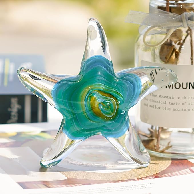 QFkris 5" Glass Star Fish, Crystal Handmade Glass Blown Table Decor, Starfish Figurine, Collectible Ornament,Clear and Green for Women