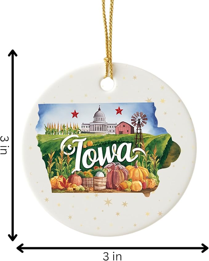 USA State Landmark Ceramic Ornament – Round Glossy Christmas Decoration Featuring U.S. State Art, Landmarks & Holiday Scenery – Collectible Travel Souvenir Ornament Series (Iowa)