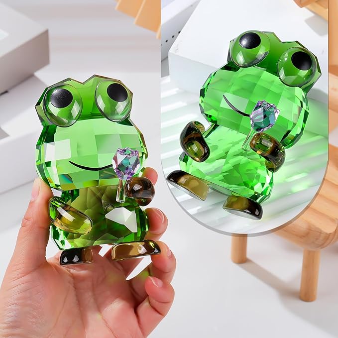 Crystal Frog Hold a Purple Rose Figurine Gifts for Women Mom - Funny Lucky Frog Ornament for Home Office Balcony Tabletop Decor Housewarming Birthday Gift