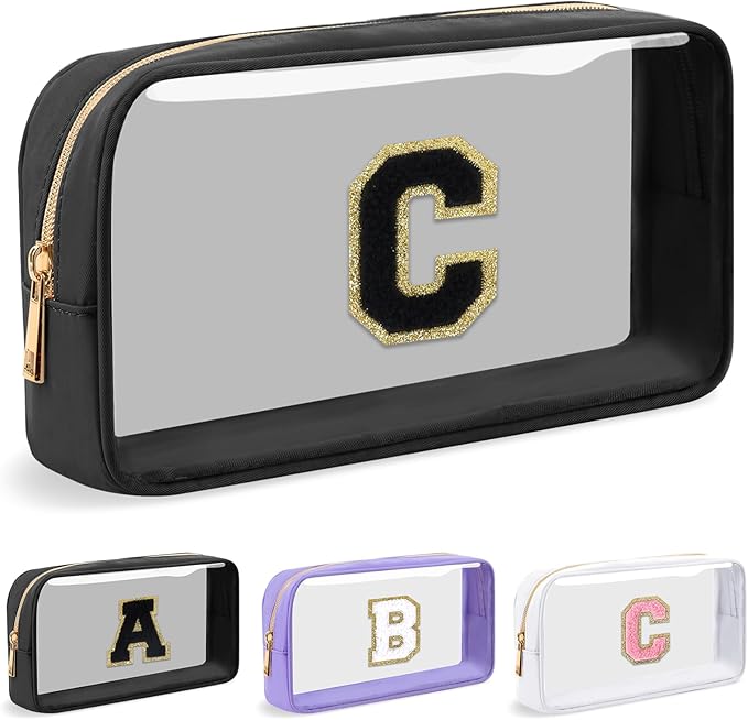 Personalized Initial Letter Clear Makeup Bag,Preppy Small Nylon&PVC Cosmetic Zipper Bag with Chenille Letter,Travel Skincare Toiletry Bag,Monogram Christmas Gift for Teen Girls Women,C