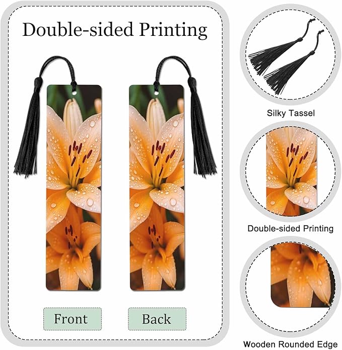 Lily Flowers Bookmarks 5 Pcs Fresh Orange Flower Green Leaves Water Drops Wooden Bookmark with Tassels for Reading Book Lovers Gift Office School Readers Teacher