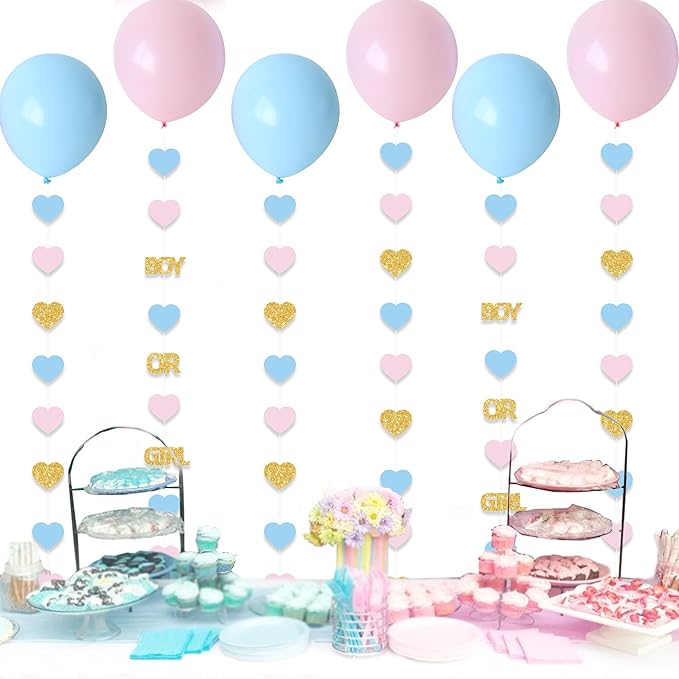 Boy or Girl Gender Reveal Decorations 6PC Pink Blue Balloon Tails with Heart Streamer Garland for Baby Shower Decorations