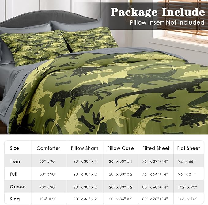Comforter Set King Size, Camouflage Dino Dinosaur 7 Pcs Bedding for Kids and Adults, Cute Funny Green Bed Sheet Sets with Fitted Sheet 2 Pillowcases & 2 Shams for Bedroom Bed Decor