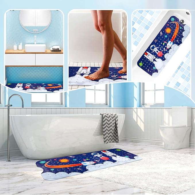 Baby Bath Mat for Tub Non Slip Kids Bathtub Mat Extra Long 40X16 Inch Toddler Bath Tub Shower Mat Anti Slip with Suction Cups & Drain Holes, Machine Washable (Space)