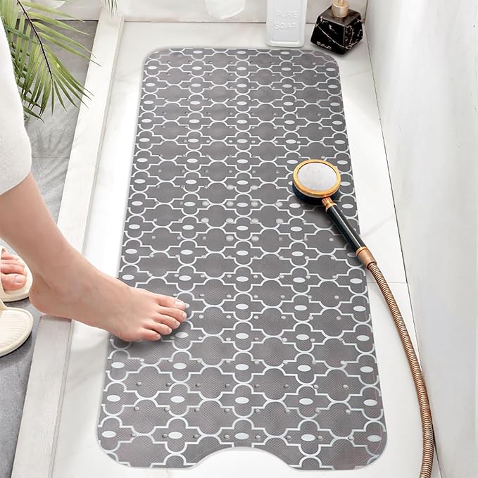 Bathtub Mat Non Slip, Grey Extra Long Bath tub Mat Shower Floor Mat with Suction Cups and Drain Holes for Adults Kids Elderly 40 X 16 Inch
