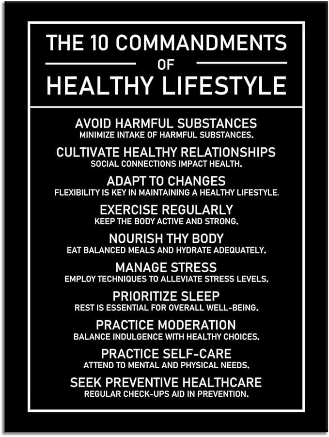 Inspirational Wall Art Exercise Healthy Growth Quote Motivational The 10 Commandments Of Healthy Lifestyle Canvas Poster Painting Prints for Office Living Room Home Decor Framed Artwork[30''W x 40''H]